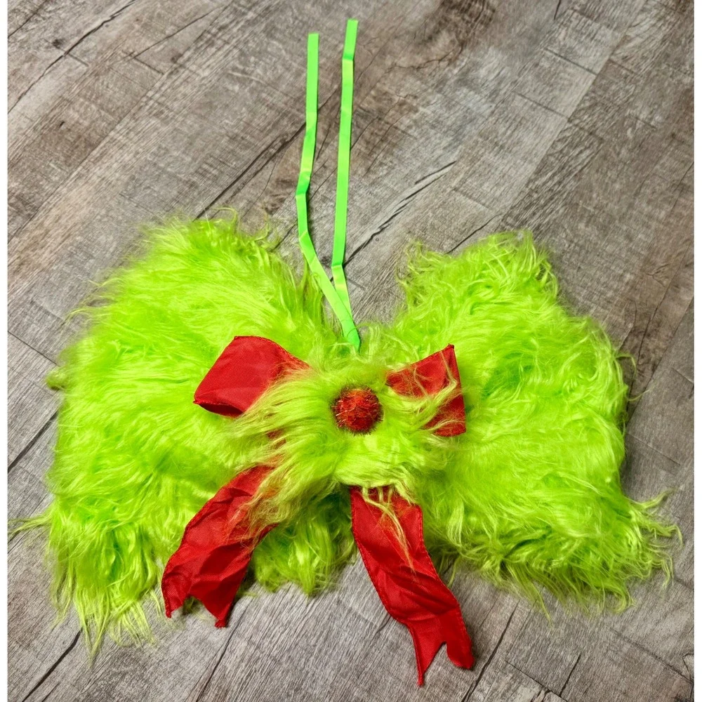 Green Faux Fur Grinch Christmas Bow Red Accent Holiday Wall Decor Wreath